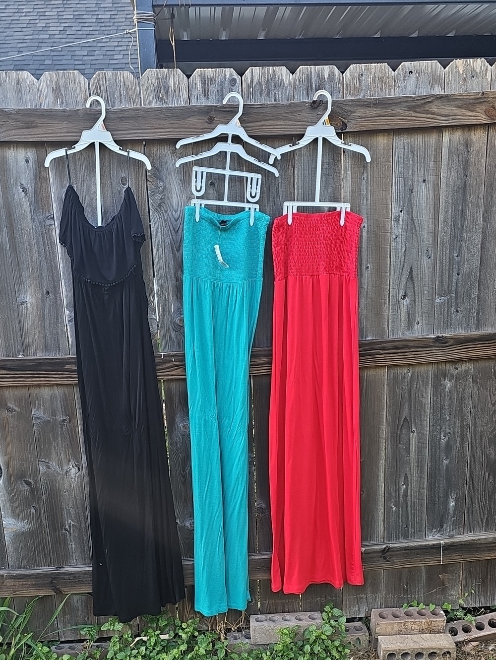 Black, Teal & Red Strapless Maxi Dresses Trio